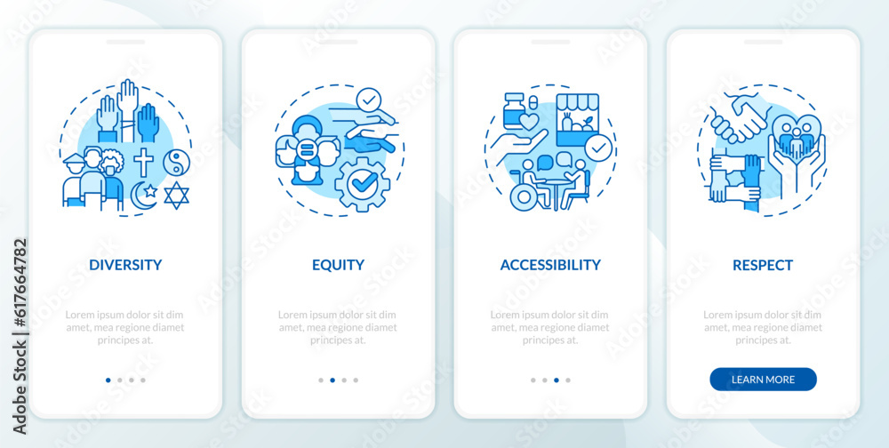 Social inclusion blue onboarding mobile app screen. Social justice walkthrough 4 steps editable graphic instructions with linear concepts. UI, UX, GUI template. Myriad Pro-Bold, Regular fonts used Social inclusion blue onboarding mobile app screen. Social justice walkthrough 4 steps editable graphic instructions with linear concepts. UI, UX, GUI template. Myriad Pro-Bold, Regular fonts used