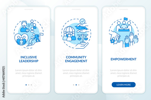 Create inclusive culture blue onboarding mobile app screen. Walkthrough 3 steps editable graphic instructions with linear concepts. UI, UX, GUI template. Myriad Pro-Bold, Regular fonts used