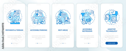 Accessible outdoors blue onboarding mobile app screen. No barrier walkthrough 5 steps editable graphic instructions with linear concepts. UI, UX, GUI template. Myriad Pro-Bold, Regular fonts used