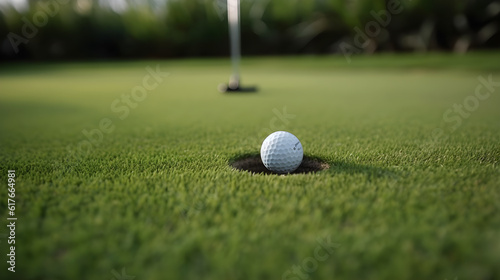 closeup golf ball in golf hole on green grass created with Generative AI