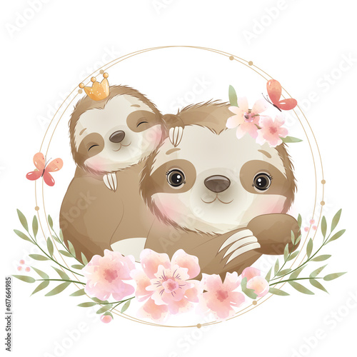 Fototapeta Naklejka Na Ścianę i Meble -  Cute sloth and baby sloth with floral wreath watercolor illustration