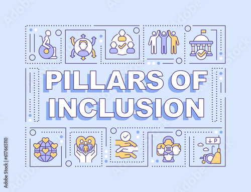 Pillars of inclusion word concepts light blue banner. Equal opportunity. Infographics with editable icons on color background. Isolated typography. Vector illustration with text. Arial-Black font used