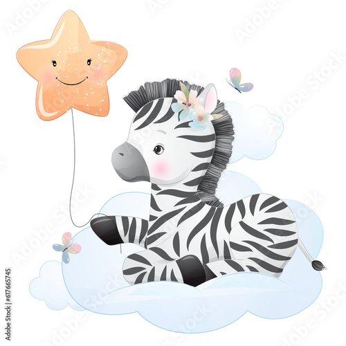 Cute zebra sitting on cloud with star balloon watercolor illustration