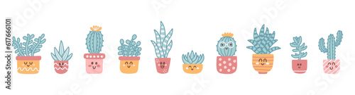 Set cute potted houseplants, cacti and succulents in cartoon hand drawn style, vector illustration on white background