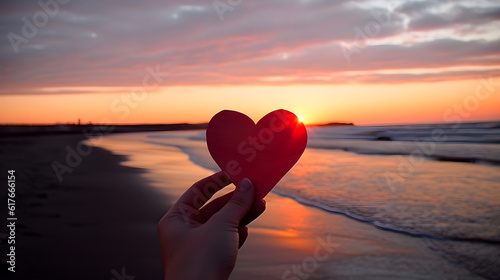 hand holding the heart shape paper cut on the beach sunset created with Generative AI photo