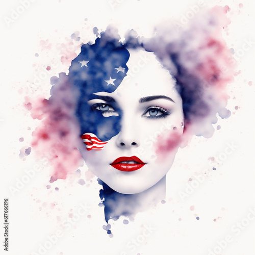 woman face drawing in white red blue colors , patriotic artwork for usa