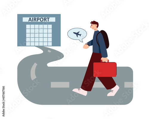 Male cartoon character going to airport for his next trip. Man is late for his flight. Tourist is in hurry to get on plane. Timely arrival at airport. Preparation for registration and boarding