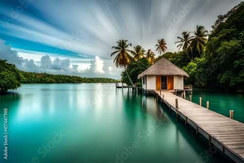 Water bungalow. Sunset on the islands of the Maldives. A place for dreams. 