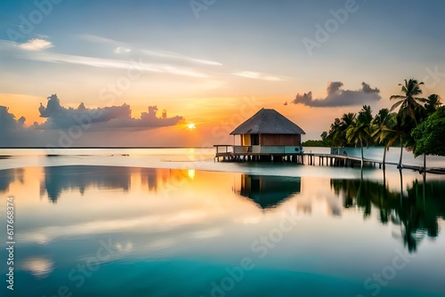 Water bungalow. Sunset on the islands of the Maldives. A place for dreams. 