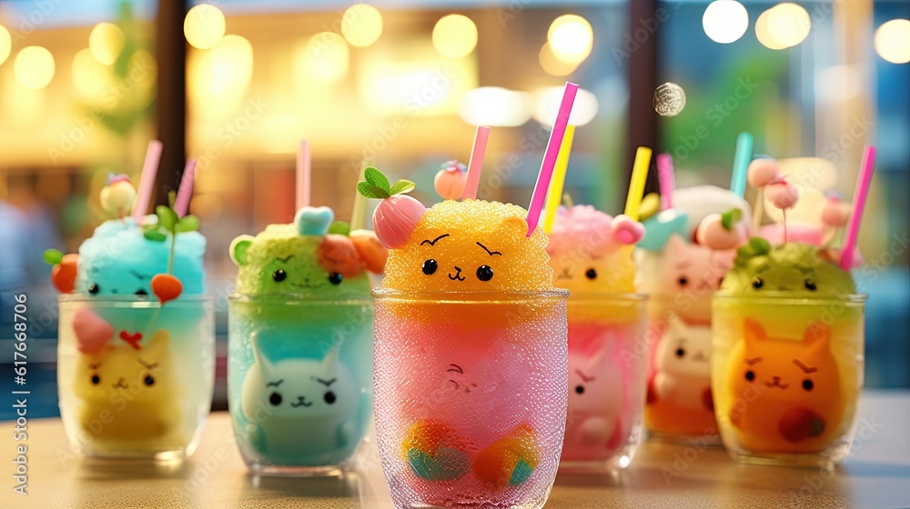 happy summer vibe cute mocktail glass, happy group of mocktail juice, Generative Ai