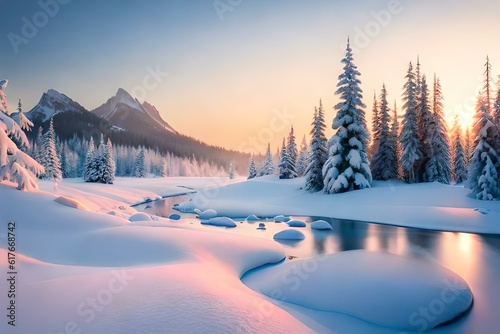 Impressive winter morning in Carpathian mountains with snow covered fir trees. Colorful outdoor scene, Happy New Year celebration concept. Artistic style post processed photo © Ahtesham