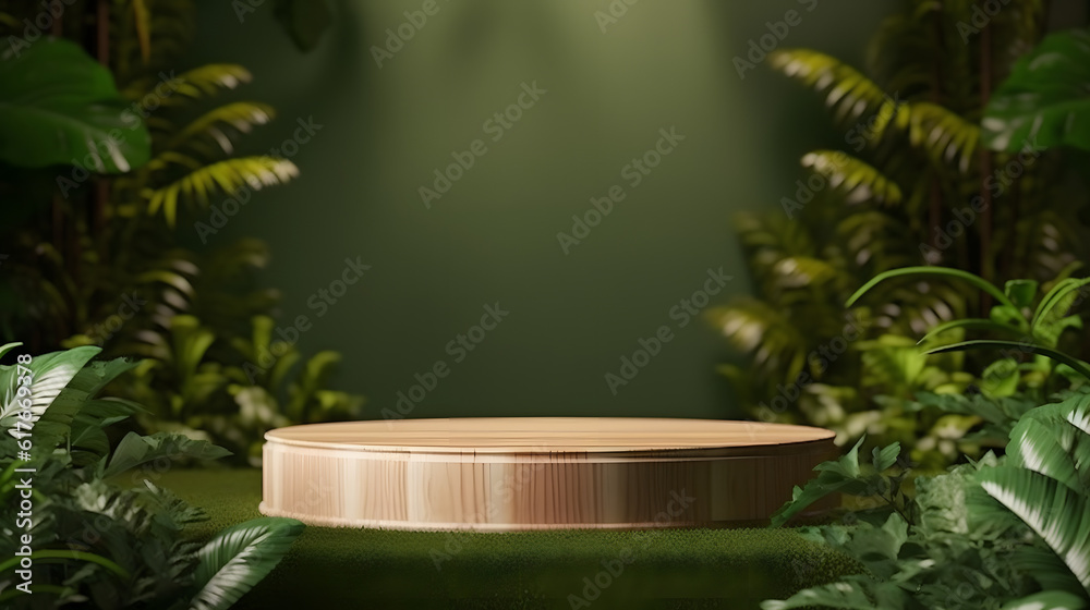 Wooden podium in tropical forest for product presentation and green background.