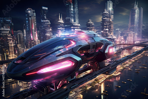 Sleek, levitating vehicle gliding above a bustling cityscape, with neon lights illuminating the futuristic architecture and transport systems below