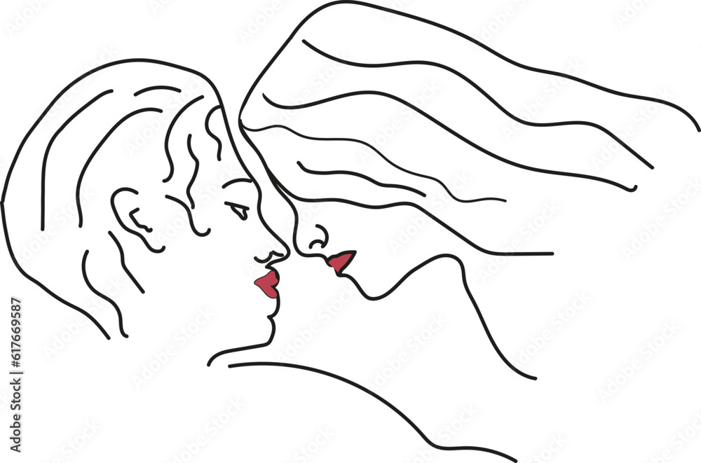 Line art couple. Romantic kiss of lovers, loving couple kissing vector ...