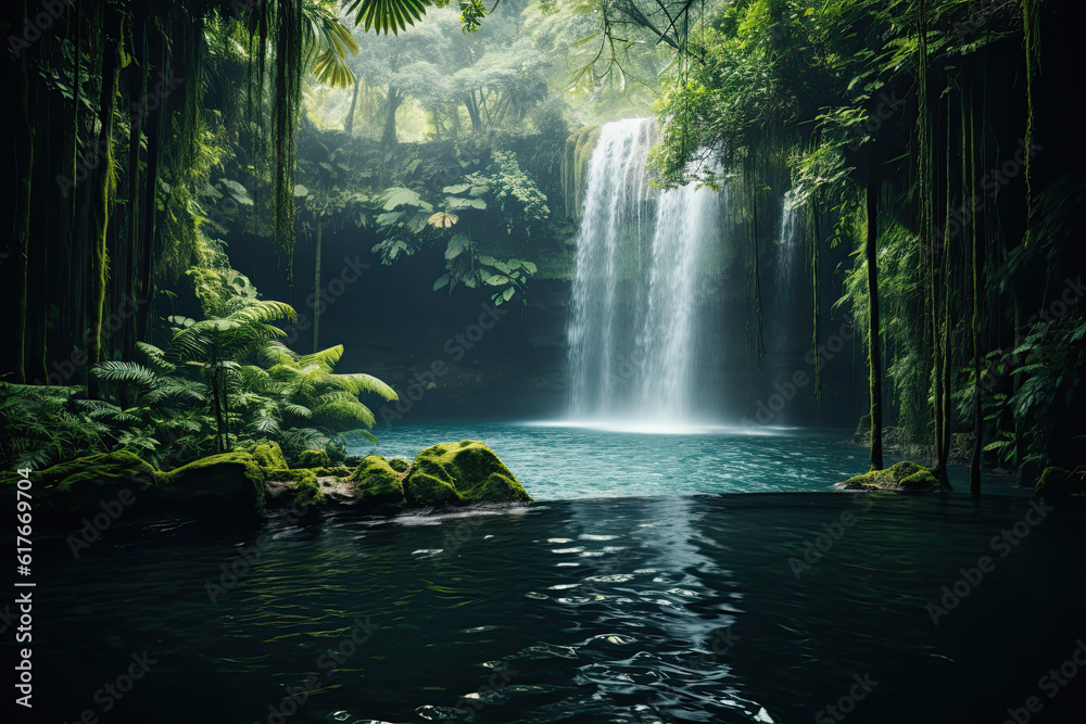 Towering waterfall plunging into a crystal - clear pool, surrounded by lush greenery and misty air, creating a captivating natural spectacle Towering waterfall plunging into a crystal - clear pool, surrounded by lush greenery and misty air, creating a captivating natural spectacle