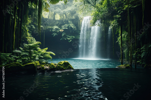 Towering waterfall plunging into a crystal - clear pool, surrounded by lush greenery and misty air, creating a captivating natural spectacle