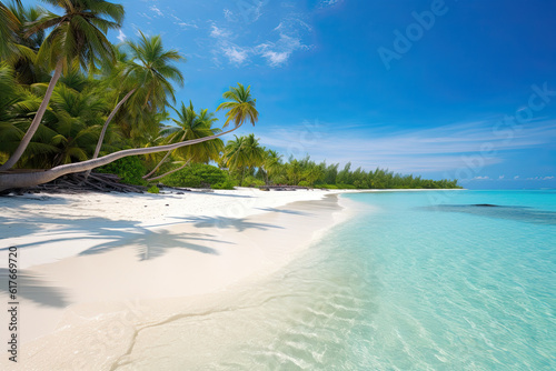 Tranquil beach with turquoise waters, powdery white sand, and palm trees swaying gently in the breeze, inviting relaxation and providing an escape from the stresses of everyday life