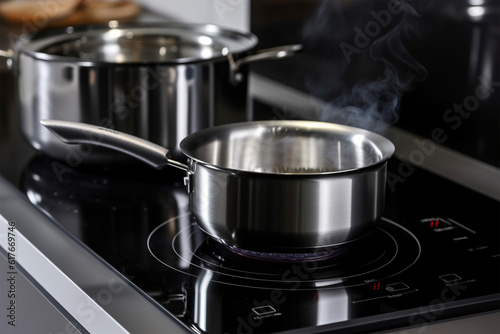 Canvastavla Photo metal pot on induction hob in modern kitchen