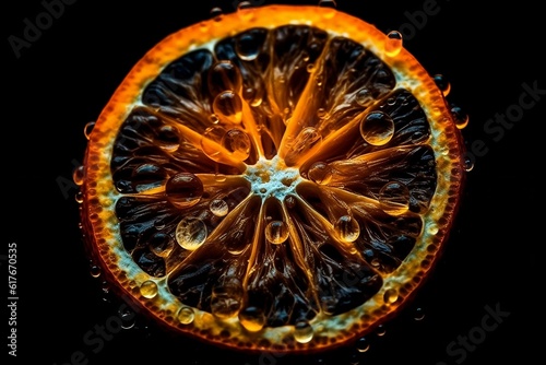 Close-up on an orange in a cut with drops. 