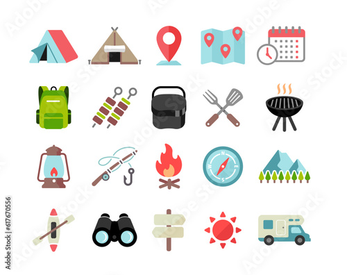 Camping and outdoor icon vector illustration set