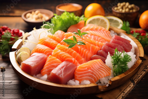 photo raw and fresh mixed sashimi with salmon , tuna , hamaji and other,natural background