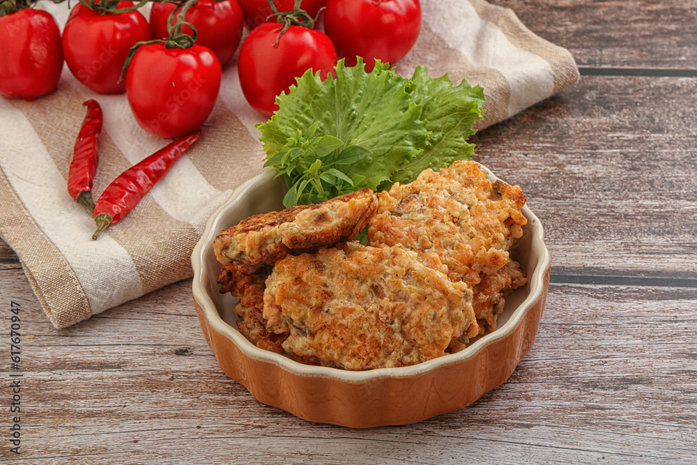 Fried salmonn cutlet in the bowl Fried salmonn cutlet in the bowl