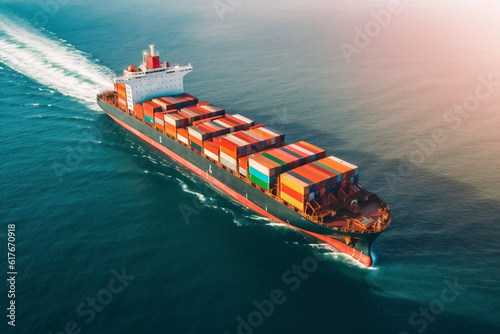 Aerial view of container ship. Transportation concept background. Generative AI
