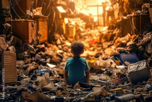 photorealism of Back of sad child boy sit looking at a lot of plastic wastesroom,ai generative. © JKLoma