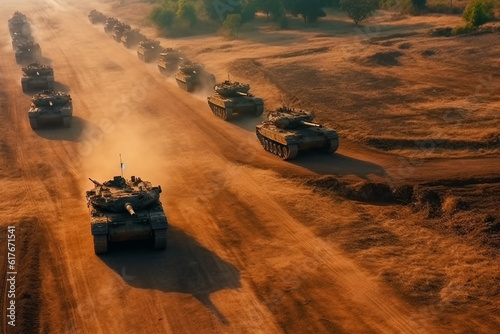 A column of tanks on a dirt road created with generative AI technology