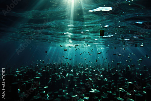 The image depicts the distressing sight of a polluted underwater environment filled with various plastic waste