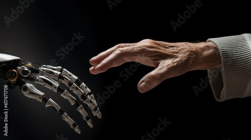 A 2D illustration featuring a futuristic robotic arm assisting an older person, symbolizing the integration of technology and modern advancements in the aging process. | generative ai