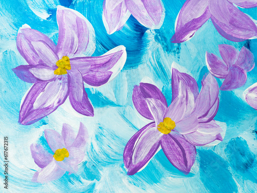 Abstract  purple flowers, original hand drawn, impressionism style, color texture, brush strokes of paint,  art background.