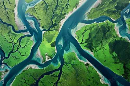 The river delta as seen from an aerial shot. The bends and curves created with generative AI technology