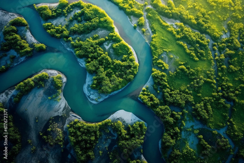 The river delta as seen from an aerial shot. The bends and curves created with generative AI technology