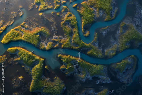 The river delta as seen from an aerial shot. The bends and curves created with generative AI technology