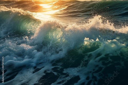 Waves at the surface of water in the setting sun created with generative AI technology