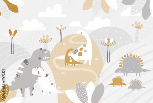 Obraz Vector children hand drawn mountain and cute dinosaurs illustration in scandinavian style. Mountain landscape, clouds. Children's tropical wallpaper. Mountainscape, children's room design, wall decor.