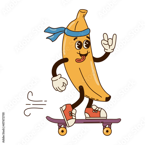 Isolated groovy character banana in gloves on skate board in flat retro classic cartoon style on white background. Illustration for your design, print, card, poster, stickers