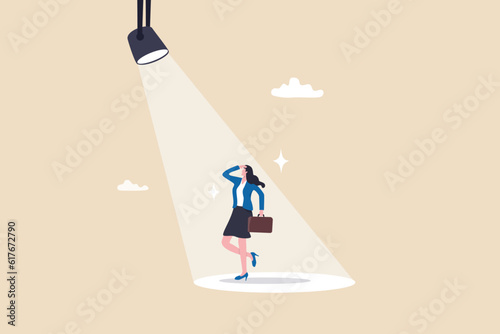 Woman in spotlight, success candidate for job vacancy, outstanding high performance employee, ambition or opportunity concept, confident outstanding businesswoman standing in bright spotlight.