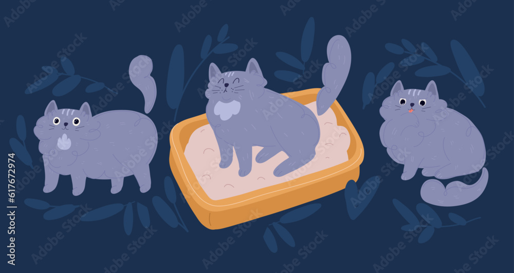 Cartoon vector illustration of cat missed pee from the litter box. Cat