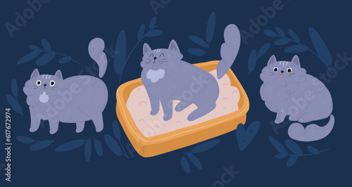 Cartoon vector illustration of cat missed pee from the litter box. Cat grooming itself.