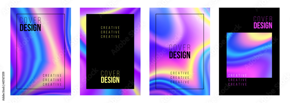 Set of cover designs. Abstract backgrounds with bright dynamic holographic gradients and black color. Graphic templates. Vector illustration.
