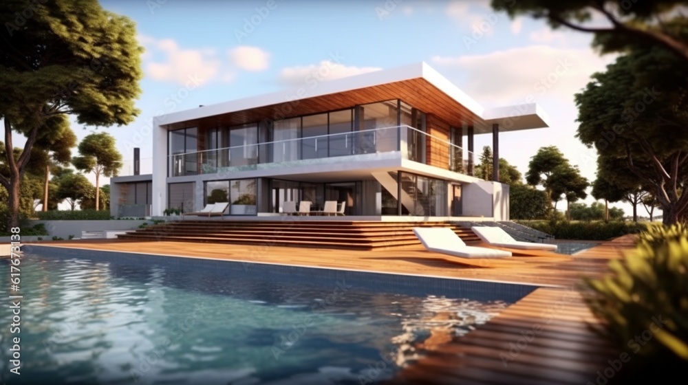 A modern house with a swimming pool and a spacious deck, inviting relaxation and leisure ,Ganerative AI.