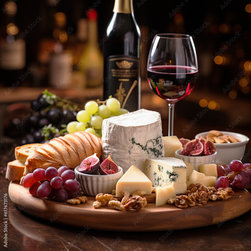 cheese board accompanied by grapes and glasses of red wine.Image