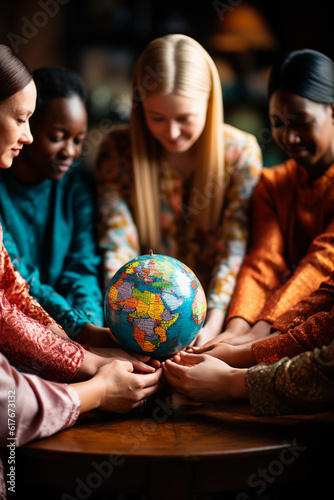 women of different races holding a ball from planet earth
