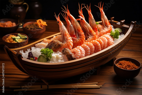Photo sushi sashimi set in a wooden boat on a brown wooden table with tune prawn shrimp ginger,natural background