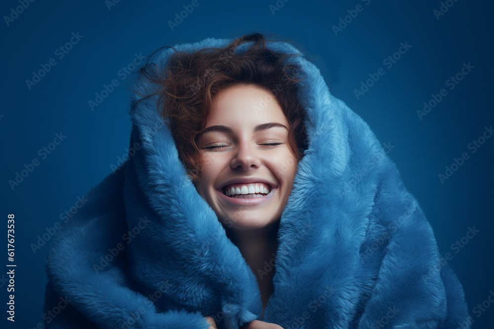Young woman wrapped warmly in a fluffy dressing grown against the winter cold, headshot, isolated Young woman wrapped warmly in a fluffy dressing grown against the winter cold, headshot, isolated