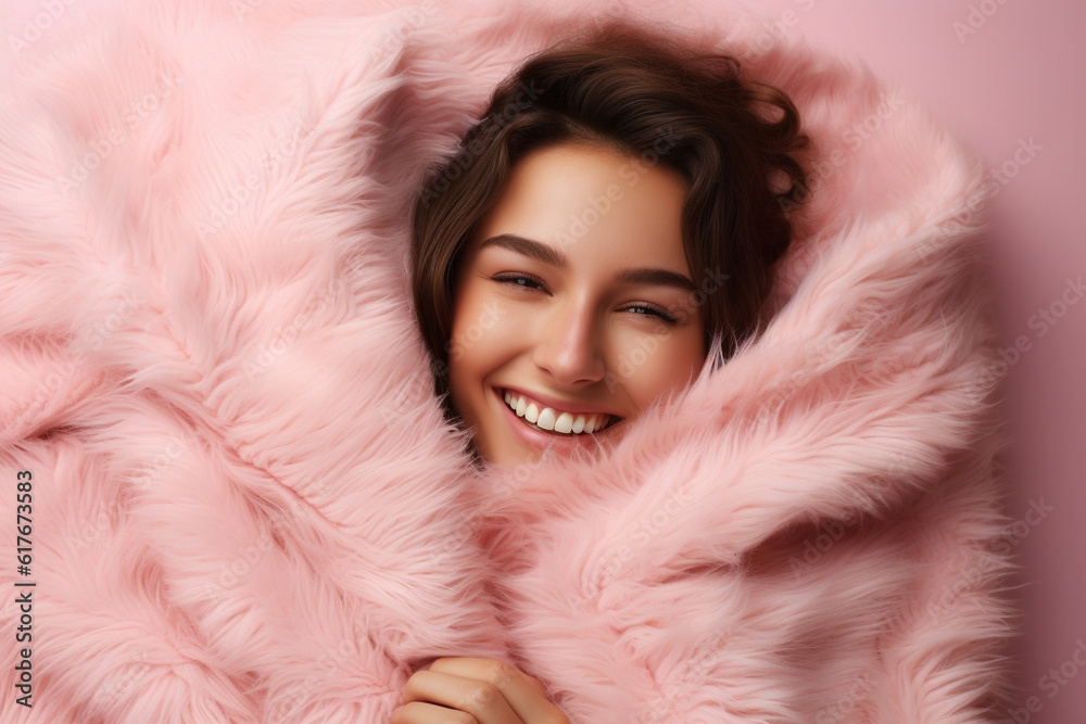 Young woman wrapped warmly in a fluffy dressing grown against the winter cold, headshot, isolated Young woman wrapped warmly in a fluffy dressing grown against the winter cold, headshot, isolated