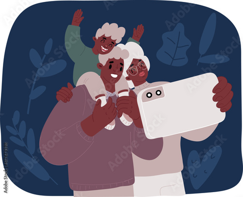 Group portrait of happy african american multi generation family. Black family taking selfie with smartphone. They take a photo on phone. Vector cartoon illustration in modern concept