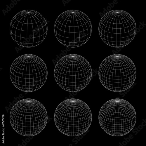 Globe grid spheres. Striped 3D spheres, geometry globe grid, earth latitude and longitude line grid vector symbol set. Spherical grid globe shapes. Illustration globe striped, global geography surface